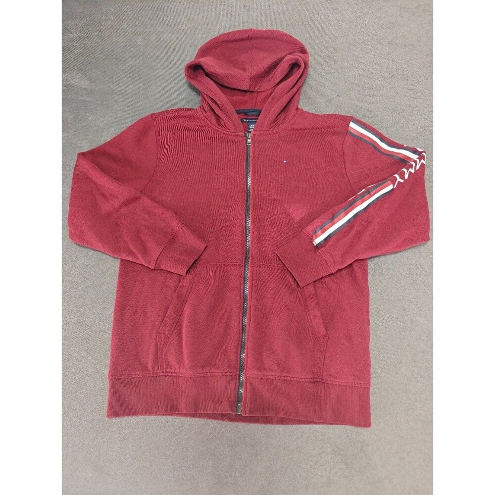 Tommy Hilfiger Boys L 16/18 Burgundy Full Zip Hoodie Sweatshirt Logo Stripes
